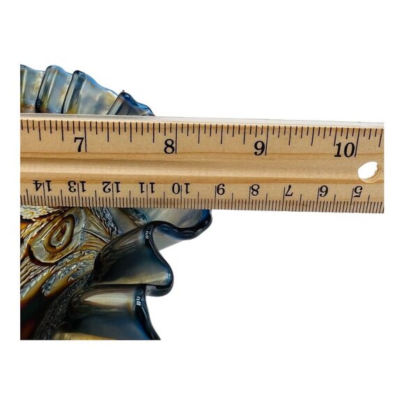 Antique Fenton Carnival Glass Heart & Vine Bowl Iridescent Ribbon Peacock Blue - Picture 9 of 10